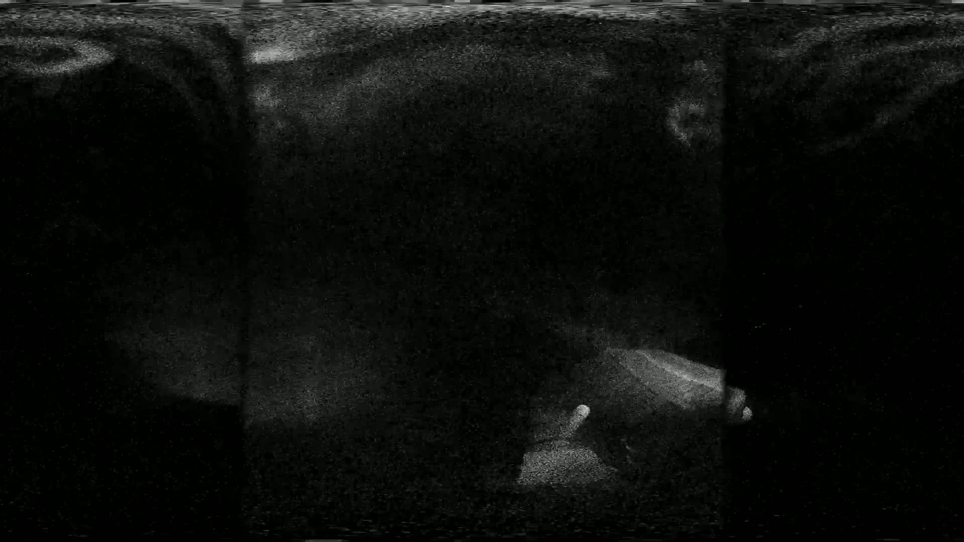 A mostly dark image shows a blurry, indistinct shape resembling a figure or object in the lower right corner, with light gray dust or particles scattered across the black background.