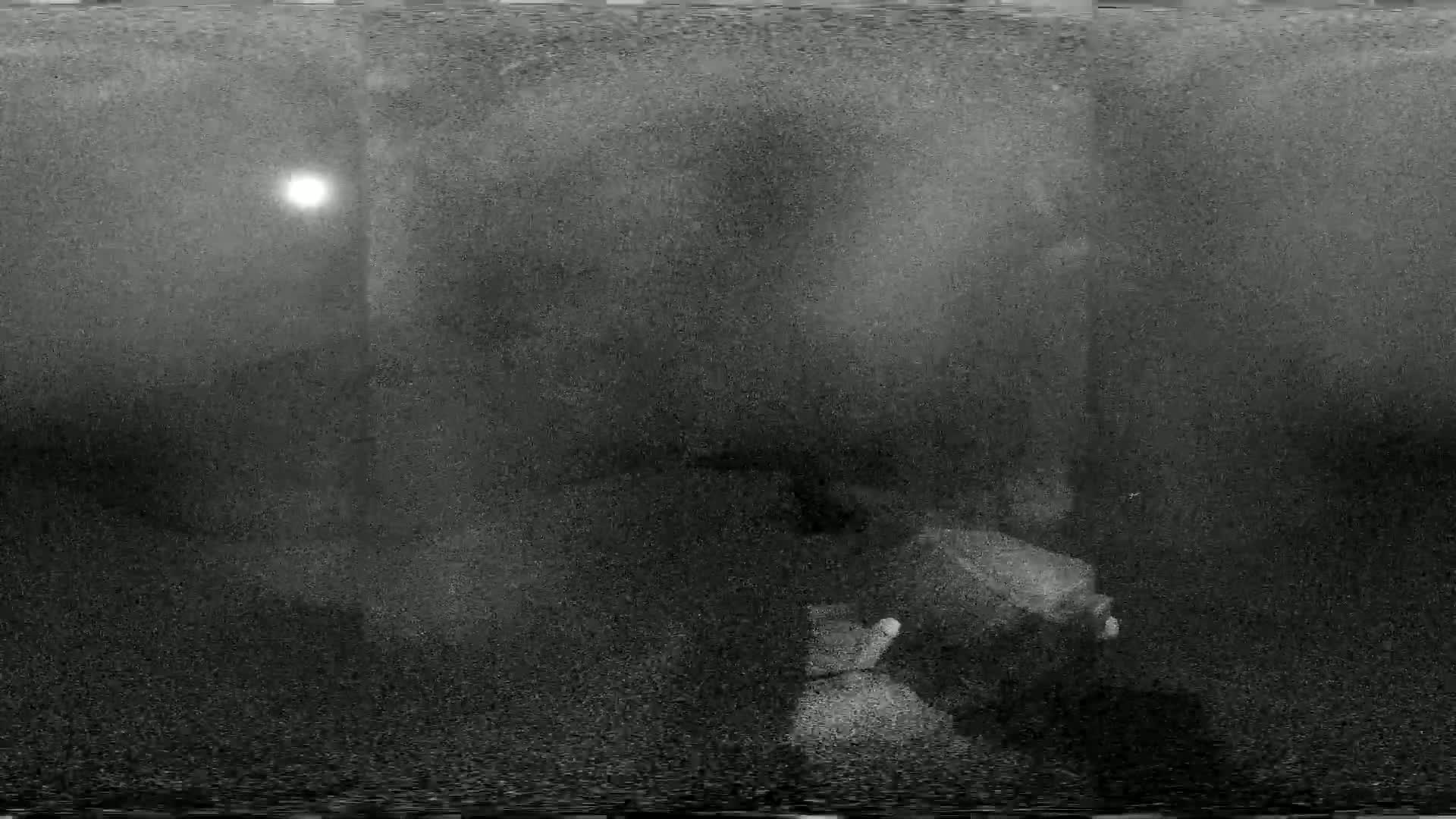 A blurry, grainy nighttime image shows a figure crouching in the fog under a dim light source.