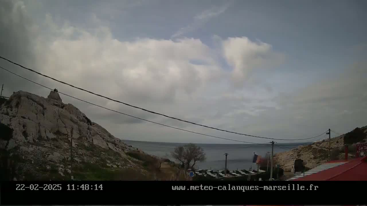 A rocky, hilly coastal area is shown under a mostly cloudy sky, with a calm sea in the distance.