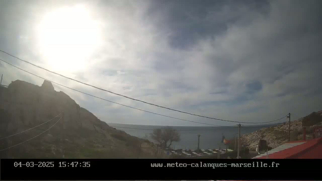 A partly sunny sky overlooks a rocky coastline with a calm sea and a few sparse trees.