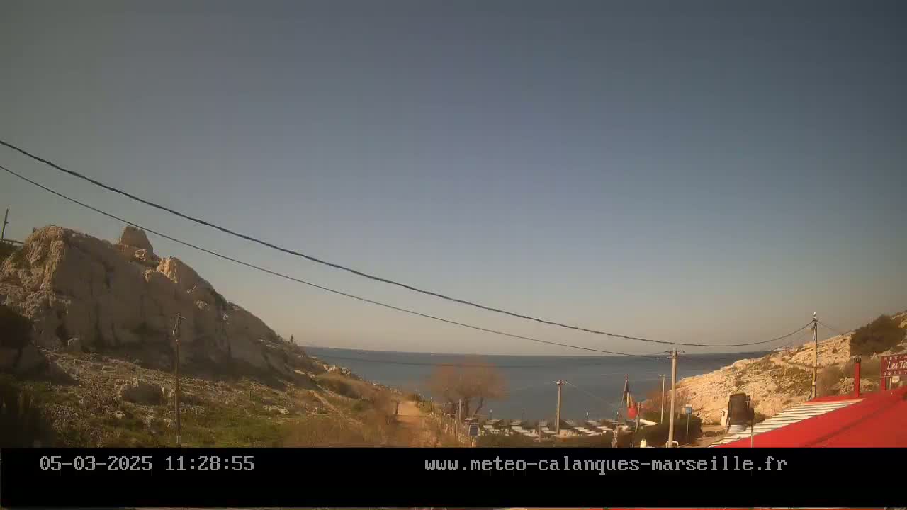 A clear, sunny day overlooking a calm sea from a rocky, sparsely vegetated hillside, with power lines visible and a red-roofed building in the foreground.