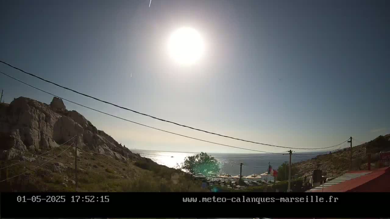 A bright, sunny day overlooks a rocky coastline with a calm sea and a seaside restaurant.