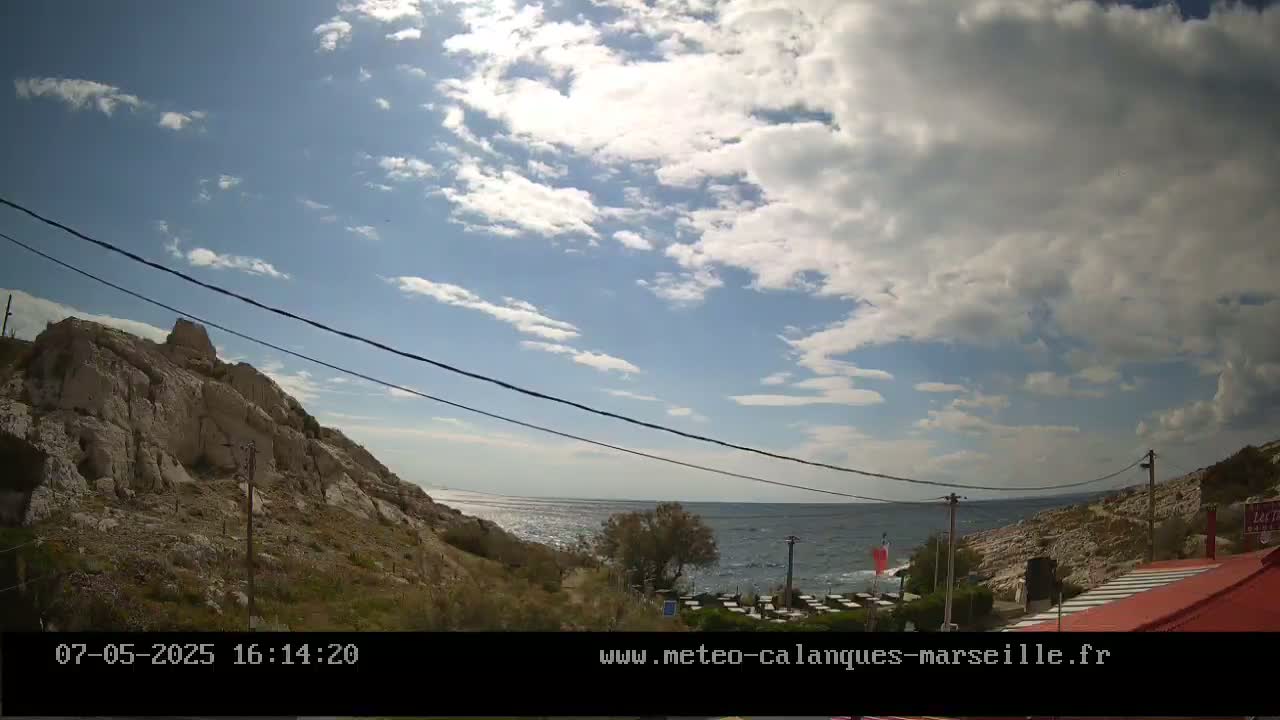 A partly cloudy sky overlooks a rocky coastline with a calm sea and outdoor seating area.