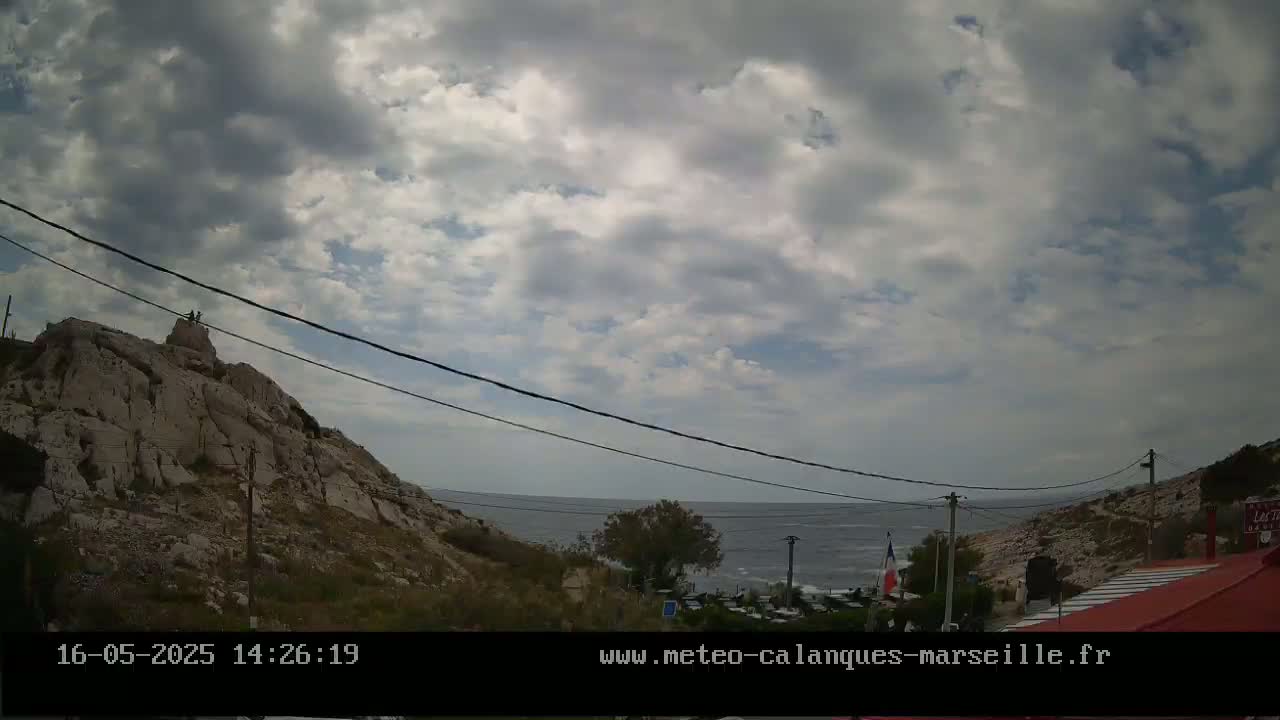 A partly cloudy sky overlooks a rocky, hilly coastline with a calm sea in the distance.