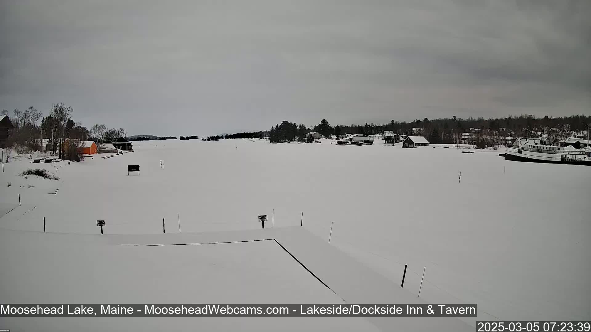 A snow-covered lake stretches out before a line of buildings and trees under a cloudy sky.