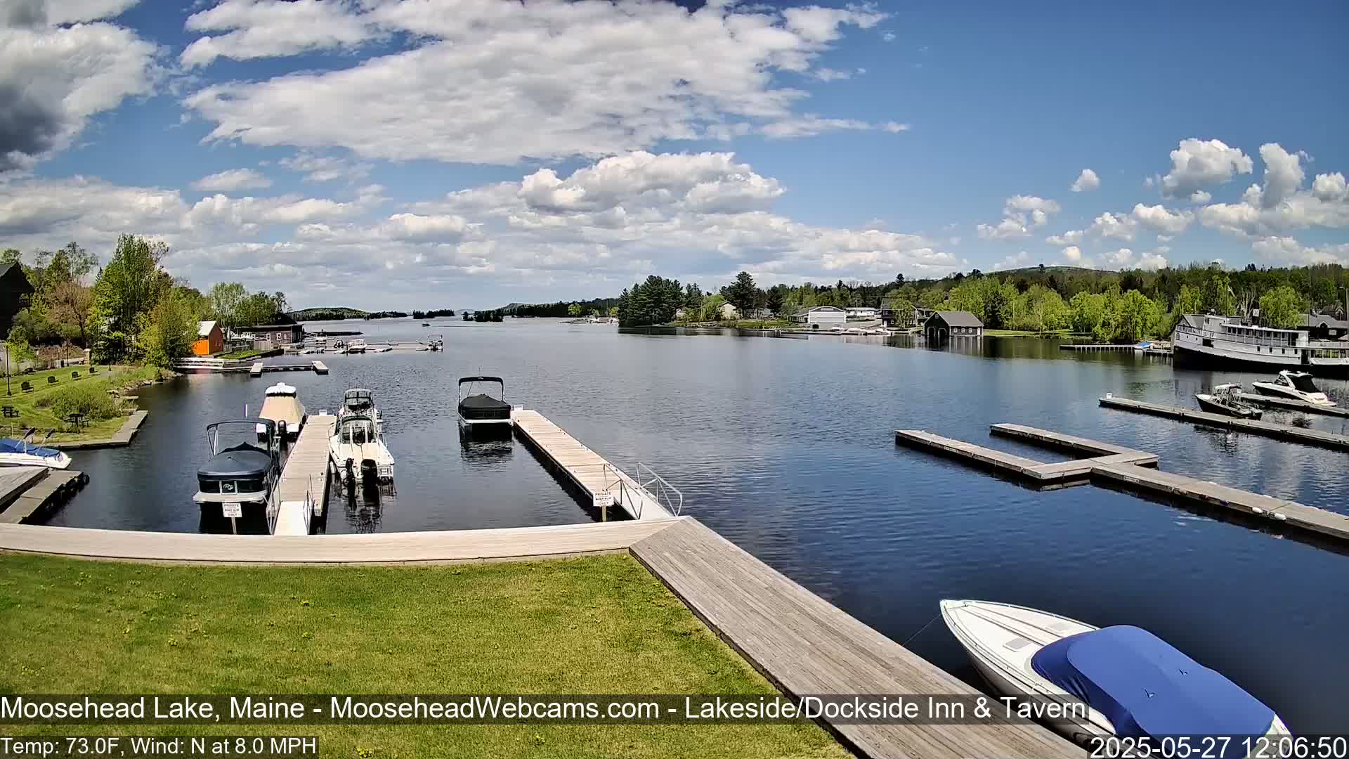 A sunny day on a lake shows several boats docked at various piers, with more boats on the water and a green grassy area in the foreground.