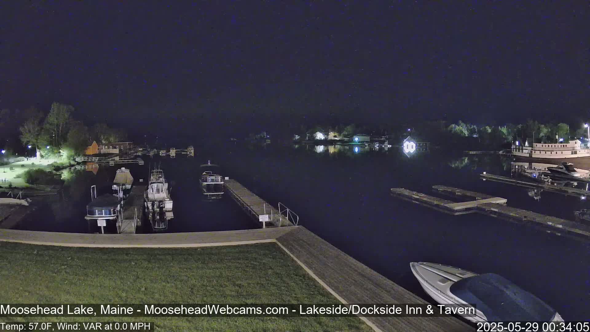 A nighttime view of a calm lake with several boats docked at a marina, under a clear, starry sky.