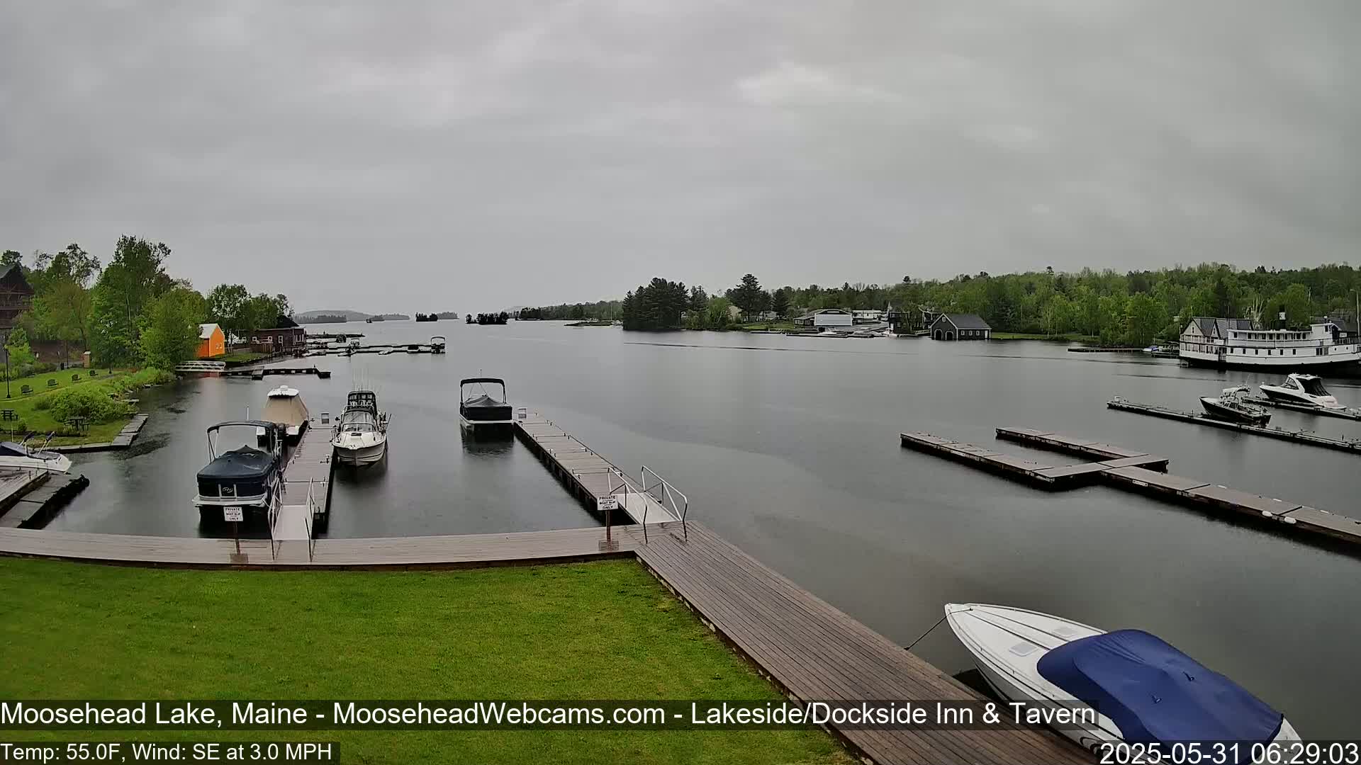 Several boats are docked at a marina on a lake under an overcast sky.