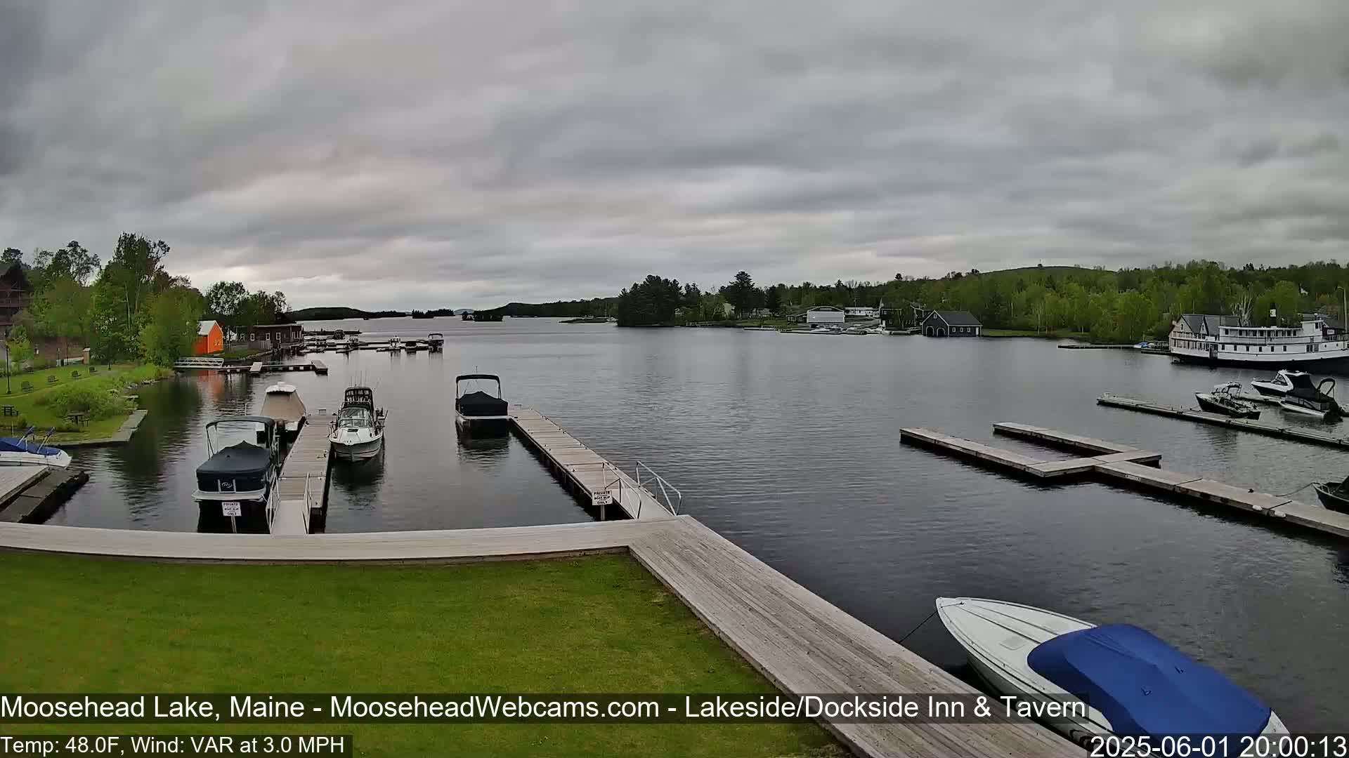 Several boats are docked at a marina on a lake under an overcast sky.