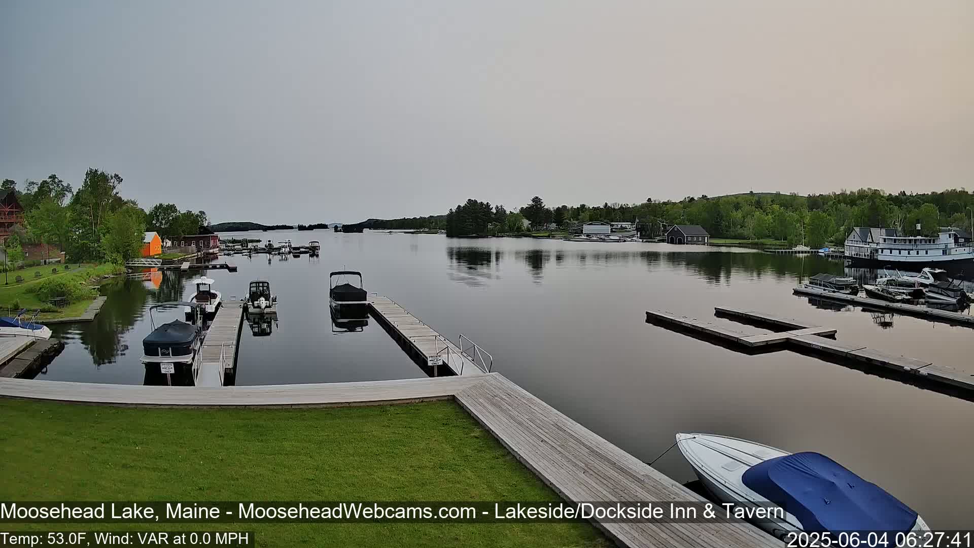 Several boats are docked at a calm lake under an overcast sky.
