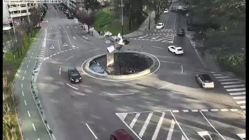 A traffic circle with several cars, a modern metal sculpture in the center, and a bike lane next to it on a sunny day.