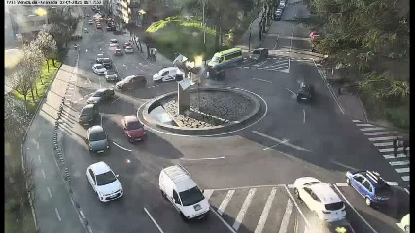 A sunny day shows a roundabout with several cars driving around it and more cars driving on intersecting roads, all surrounded by trees and buildings.