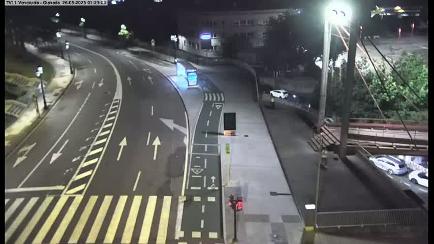 A nighttime view of a roadway intersection with a pedestrian crossing, bike lane, and several parked cars, under clear skies.