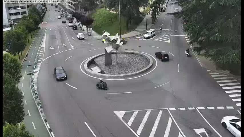A roundabout with several cars and motorcycles navigating it under partly cloudy conditions.