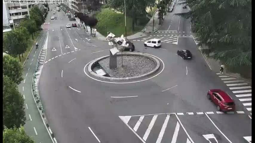 A roundabout with a modern sculpture in the center is surrounded by cars and a pedestrian, with a bicycle rider on a nearby bike path under a mostly sunny sky.