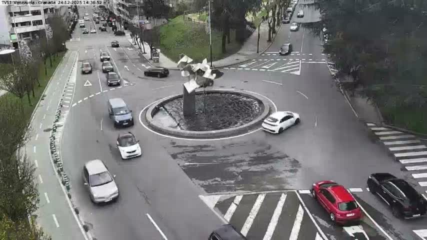 An aerial view captures a curved urban street featuring a multi-lane road, a dedicated green bike lane, and a crosswalk where a white car is stopped, with pedestrians on the sidewalks, lush green parkland with staircases to the left, and buildings leading to a harbor with ships in the distance on the right, all under an overcast sky.