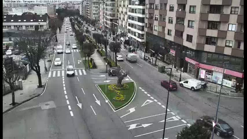 A city street scene on an overcast day shows several cars driving on a multi-lane road that intersects with a traffic circle featuring a small garden.