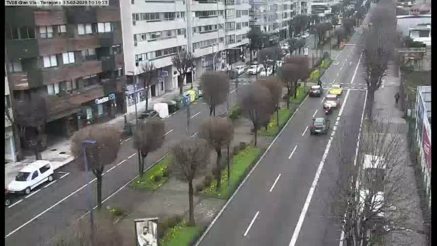 A wet, paved city street with sparse traffic, lined with buildings and bare trees, some of which are planted in landscaped areas.