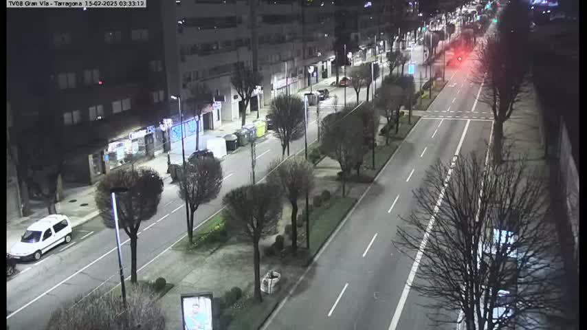 A nighttime, high-angle view of a city street with sparsely parked cars, bare trees lining a median, and a few buildings visible along the sides.