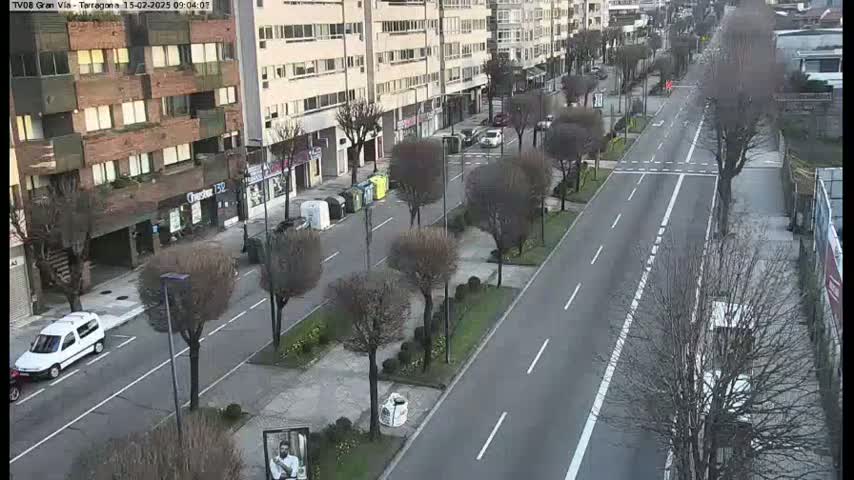 A mostly empty, tree-lined street with parked cars and buildings on either side, under a partly cloudy sky.