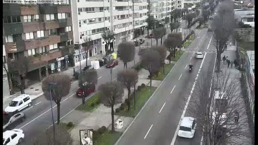 A city street scene on an overcast day shows several cars and a motorcycle moving along a multi-lane road lined with bare trees and buildings.