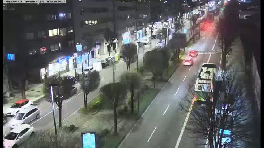 A nighttime view of a city street with cars driving on a multi-lane road lined with trees and buildings.