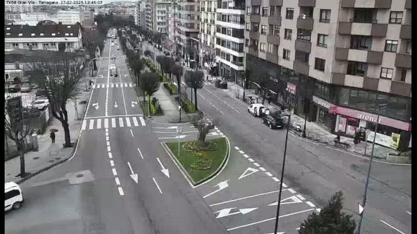 A city street scene on an overcast day shows a multi-lane road with cars and pedestrians, flanked by buildings and a central median with landscaping.