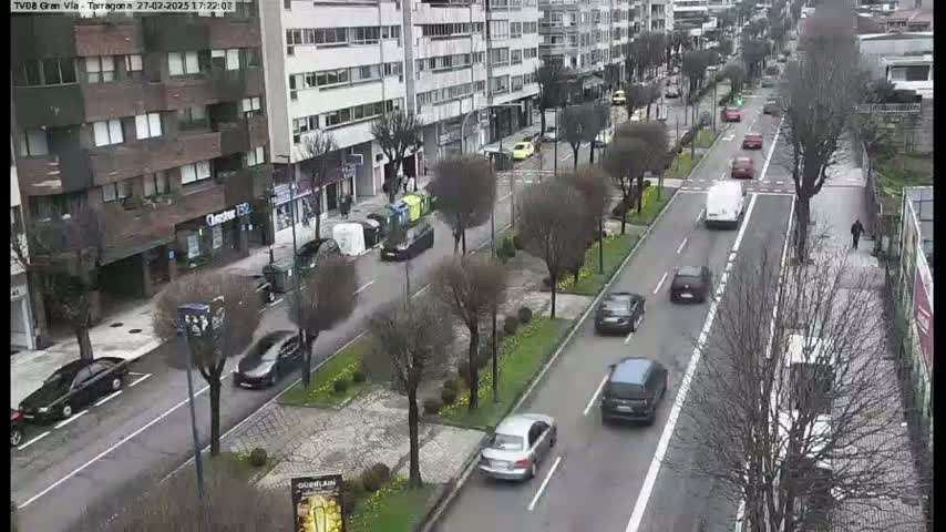 A city street with several cars driving on it, flanked by buildings and bare trees under an overcast sky.