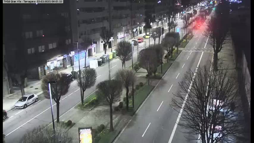 A nighttime, high-angle view of a multi-lane road lined with bare trees and buildings, with several cars visible.