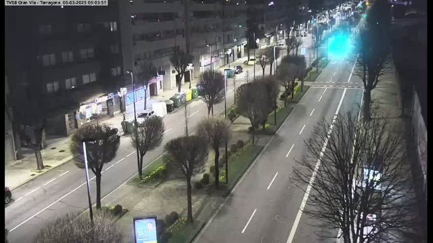 A nighttime, high-angle view of a city street with sparse traffic, lined with bare trees and buildings, under illuminated streetlights.