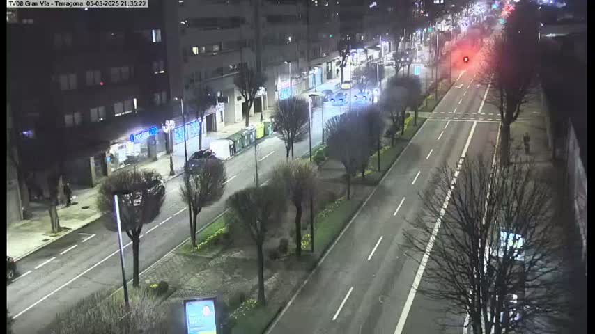 A nighttime, high-angle view of a city street with sparse traffic, lined with trees and buildings, under clear skies.