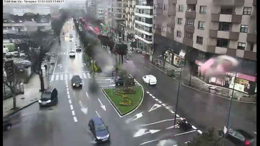A rain-slicked city street intersection shows several cars navigating around a traffic circle, with buildings lining the street.