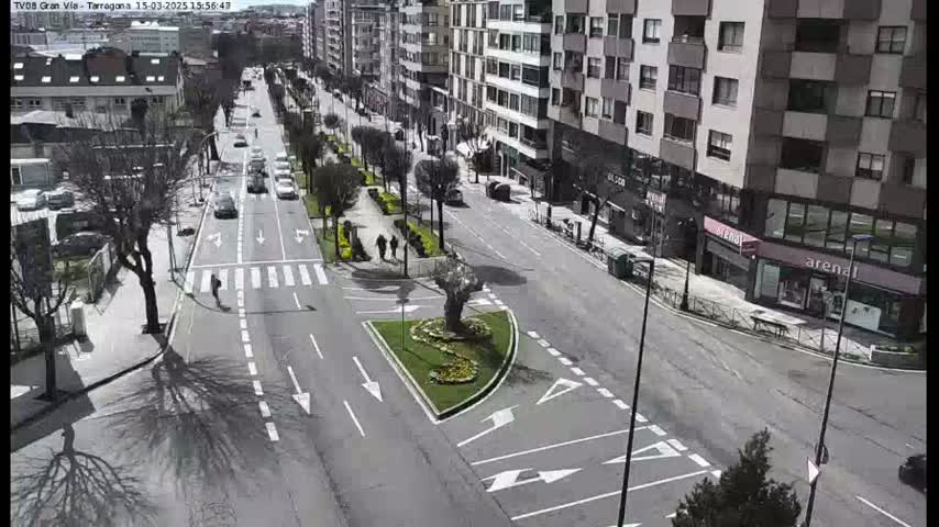 A sunny city street scene shows several cars driving along a wide road lined with buildings and trees, and a small roundabout with landscaping in the center.