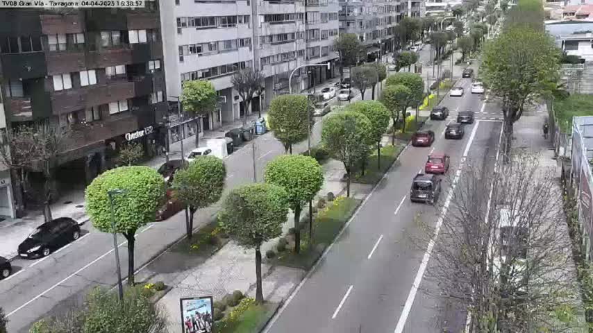 A city street scene with multiple cars driving on a two-lane road lined with trees, under a partly sunny sky.