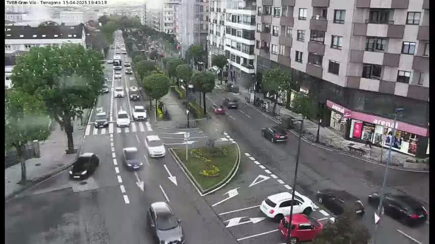 A wet city street scene shows several cars navigating a roundabout and intersection, with buildings and trees lining the street.