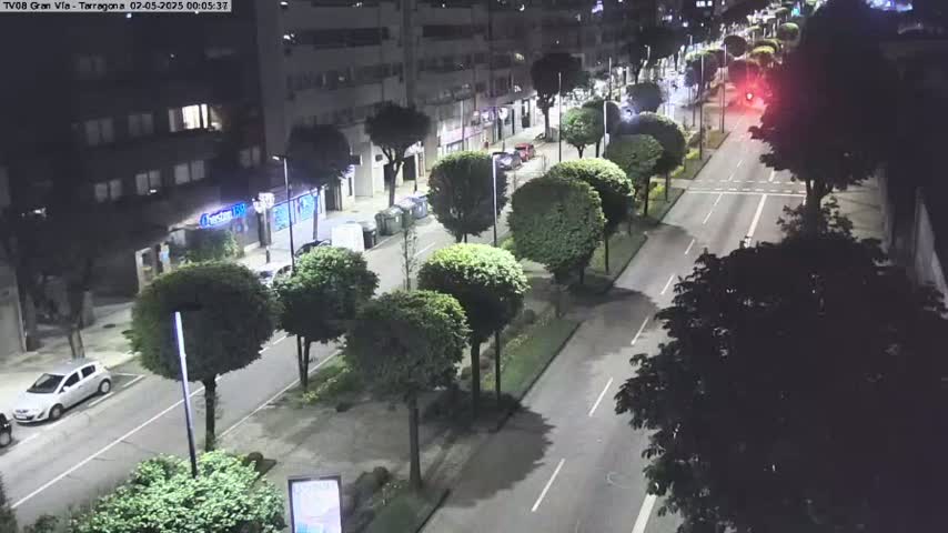 A nighttime street scene shows a multi-lane road lined with trees and buildings, with a few cars visible.