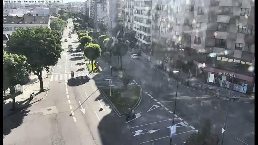 A sunny city street scene shows cars and a motorcycle driving on a road lined with trees and buildings, with shadows cast by the trees and buildings onto the street.