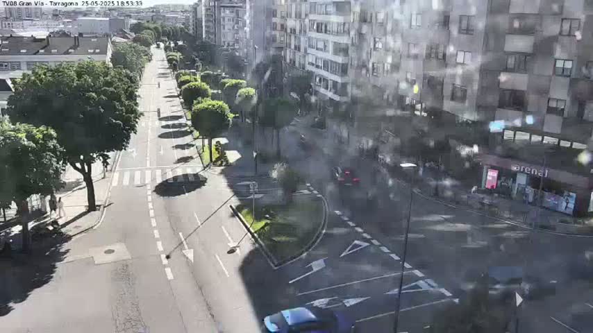 A sunny city street scene shows a wide road with cars and pedestrians, lined with trees and buildings.