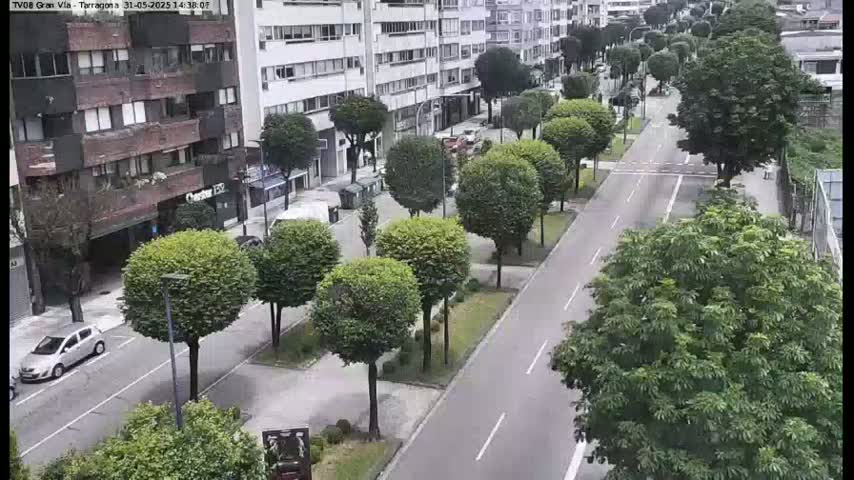 A city street lined with trees and buildings, with a few cars visible, under partly cloudy skies.