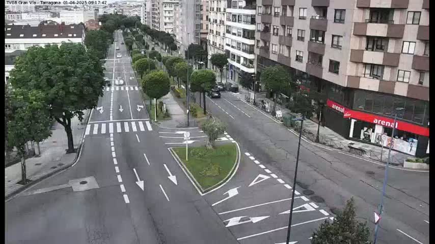 A mostly empty city street with a median lined with trees and a few cars is seen on a sunny day.