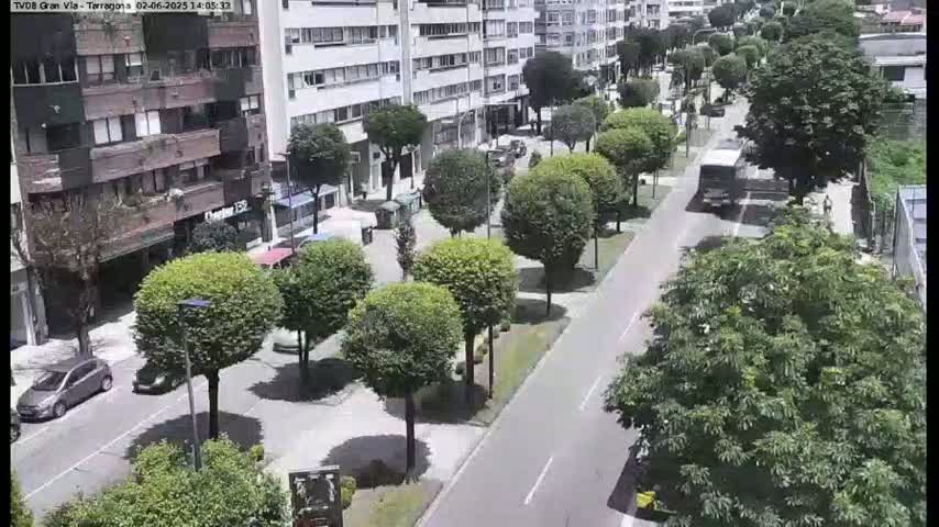 A street scene on a sunny day shows a roadway lined with trees and buildings, with cars and a bus driving along the street.