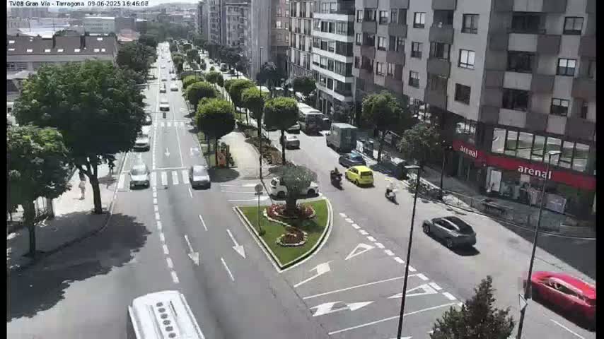 A sunny day on a city street shows several vehicles traveling in both directions, alongside a central median with landscaping.