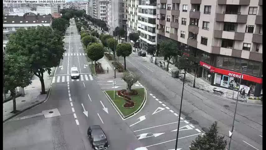 A wide, tree-lined city street with several cars and a small traffic circle is seen from an overhead perspective on a partly cloudy day.