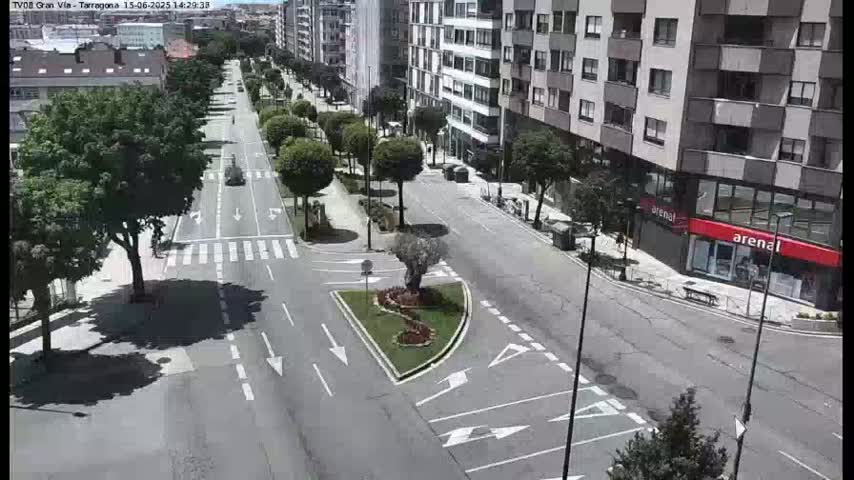 A tree-lined city street with a few cars and pedestrians under a sunny sky.