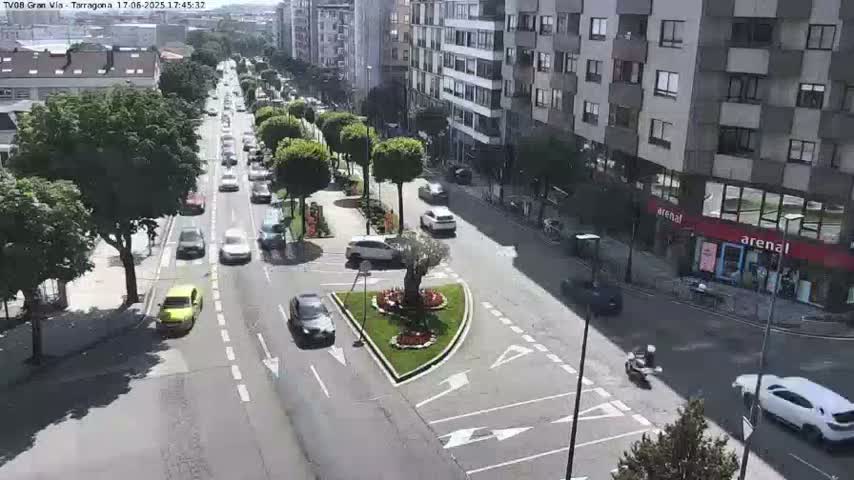 A sunny city street scene shows several cars driving in both directions on a multi-lane road that passes through a landscaped traffic circle, with several multi-story buildings lining the street.