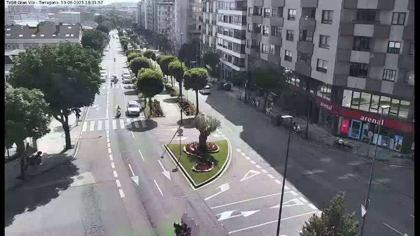 A sunny city street scene shows a tree-lined avenue with several cars and pedestrians, a traffic circle with flowers, and multi-story buildings.