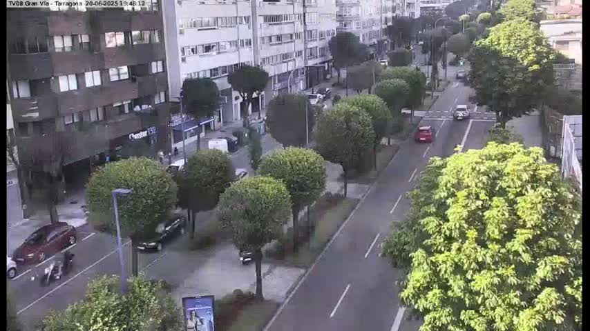 A street scene on a sunny day shows several cars parked and driving along a road lined with trees and buildings.