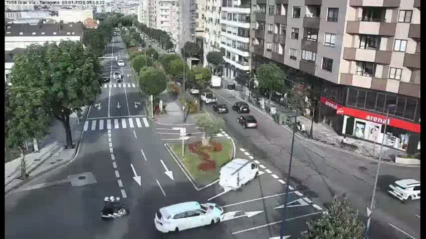A city street scene shows several cars and a van driving on a tree-lined road under a clear sky.