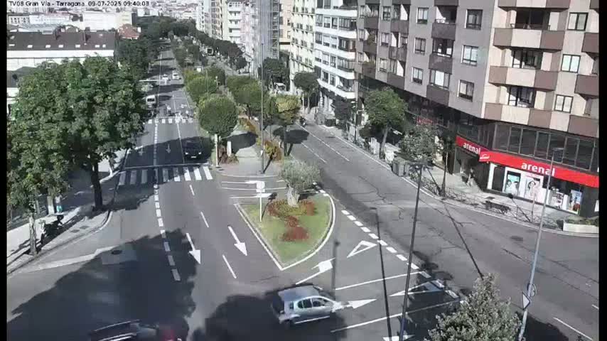 A sunny day shows a street intersection with several cars, buildings lining the street, and a small landscaped median.
