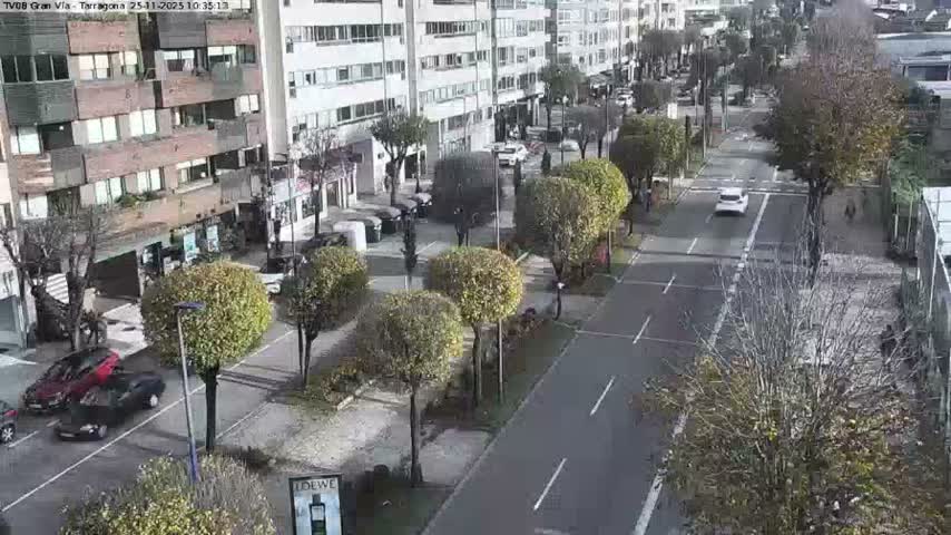 An elevated view captures a city street lined with multi-story buildings and trees, featuring cars on the road and a few pedestrians on the sidewalks, all under clear, sunny conditions.